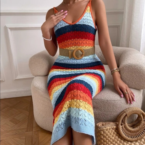 Boho Rainbow Color Block Knit Cami Dress NO BELT - Picture 4 of 7